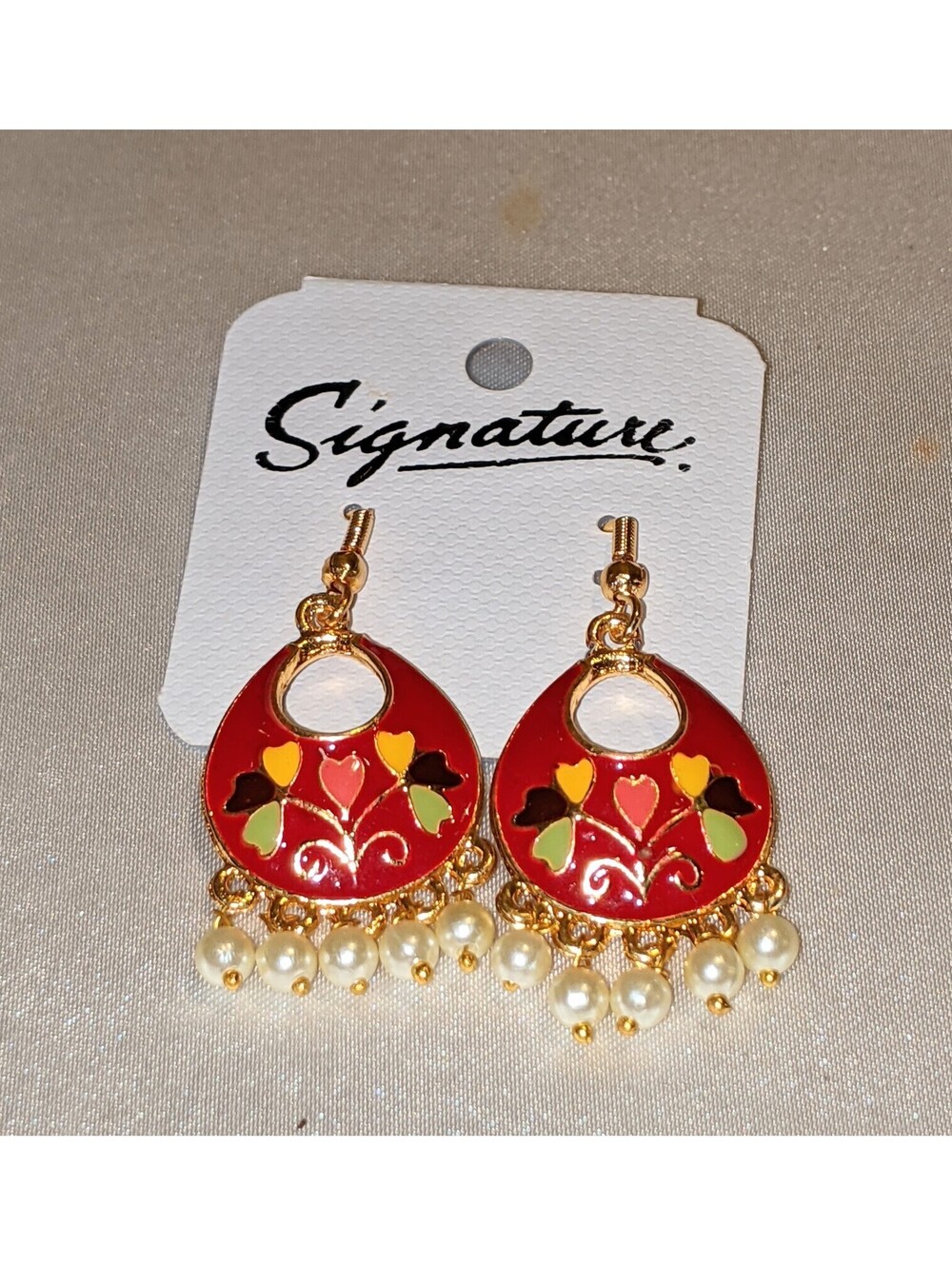 Cute Meenakari Red Enamel Drop Earrings Faux Pearl Beads Gold Tone NEW 1.5" Long